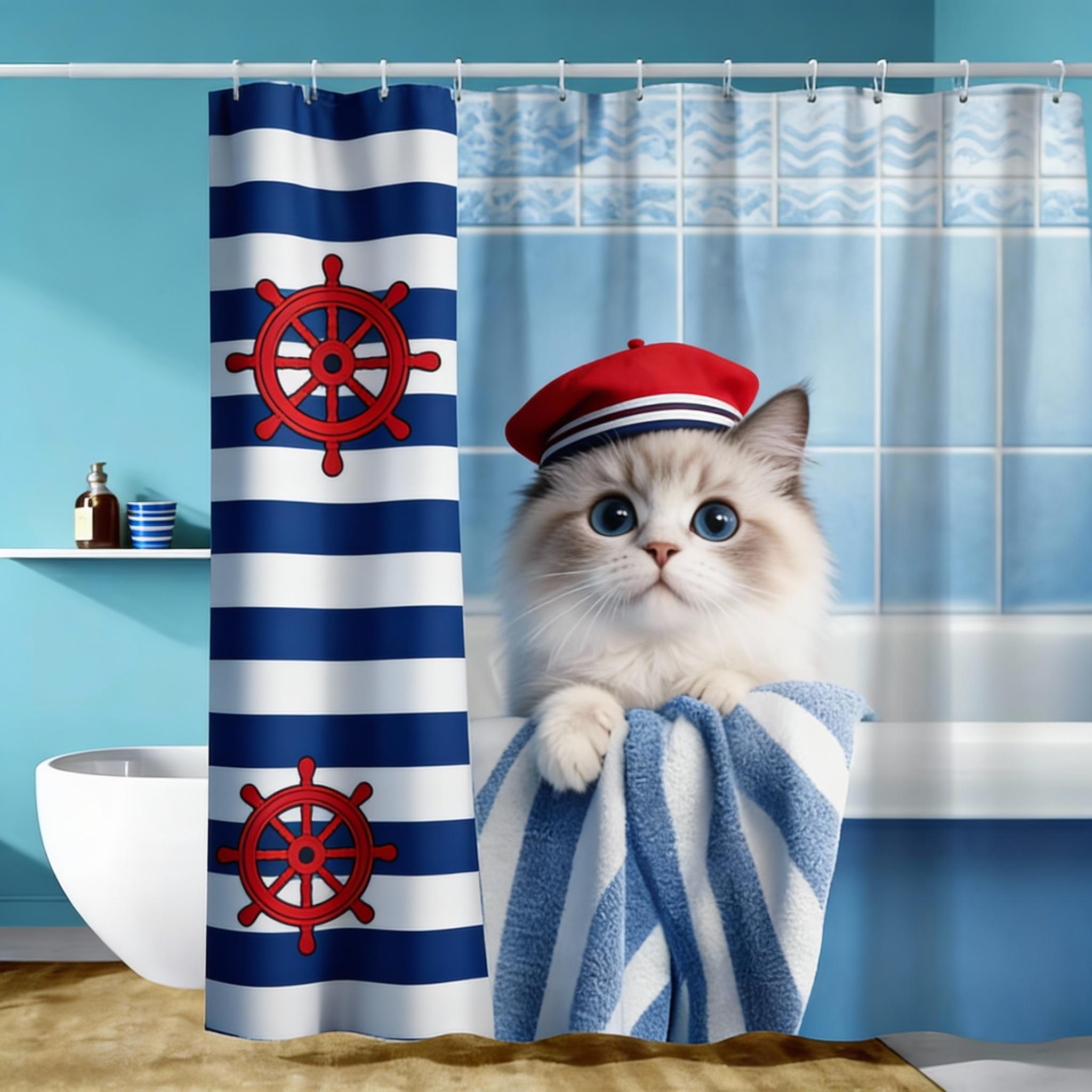 

1 Милый котенок и морской якорь Шторка для душа, Сине-белая полоска, Отлично подходит для декора ванной комнаты, Подходит для всех сезонов W60H190(CM)-1 Pcs