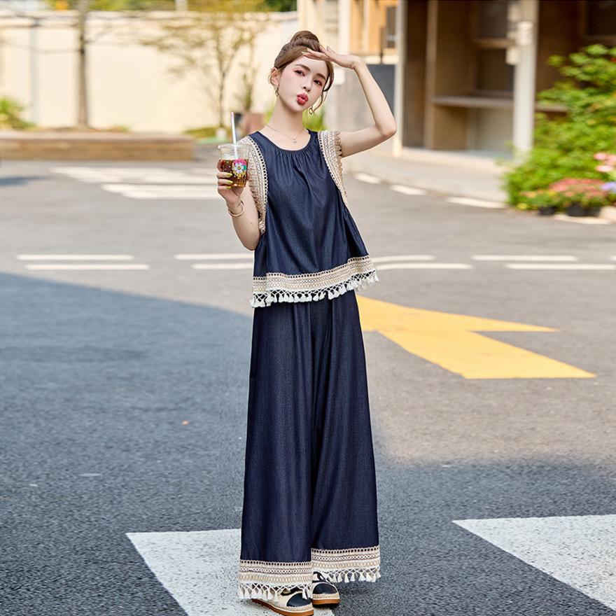 

Полный комплект летней одежды для уменьшения возраста, свободный топ без рукавов с кружевной отделкой, комплект из двух предметов с широкими брюками XL