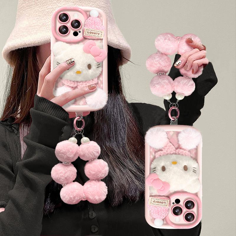 Plush kt cat bracelet is suitable for Apple 16pro mobile phone case 15 cute anti-drop 14 all-inclusive soft silicone 13/12 women