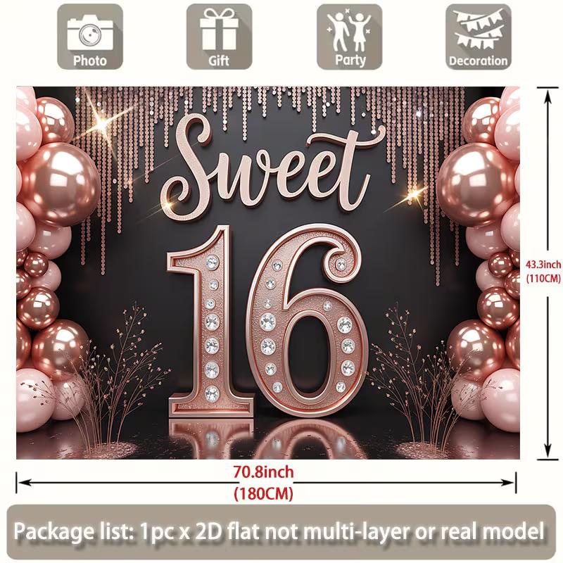2D Sweet 16th Birthday Backdrop Rose Gold Balloon Party Background