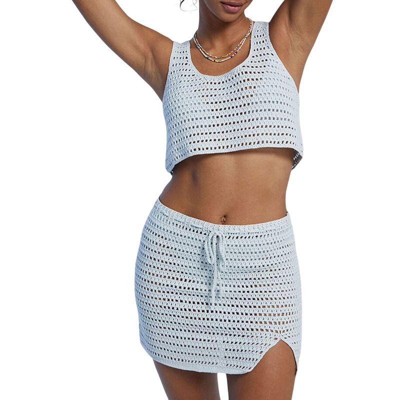 

Summer Graceful European and American Women Sleeveless Vest Midriff-Baring Top Split Skirt Sexy Two Pieces Knitting Suit Light gray blue L