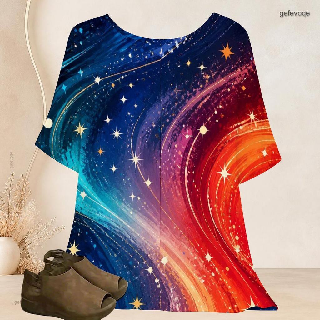 Women Plus Size Batwing Short Sleeve Top Round Neck Golden Heart Cosmic Galaxy Print Loose Casual Tunic Blouse