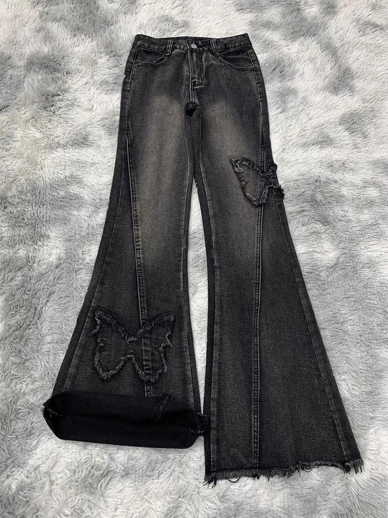 Women's Retro Butterfly Embroidered Low Waist Flared Jeans