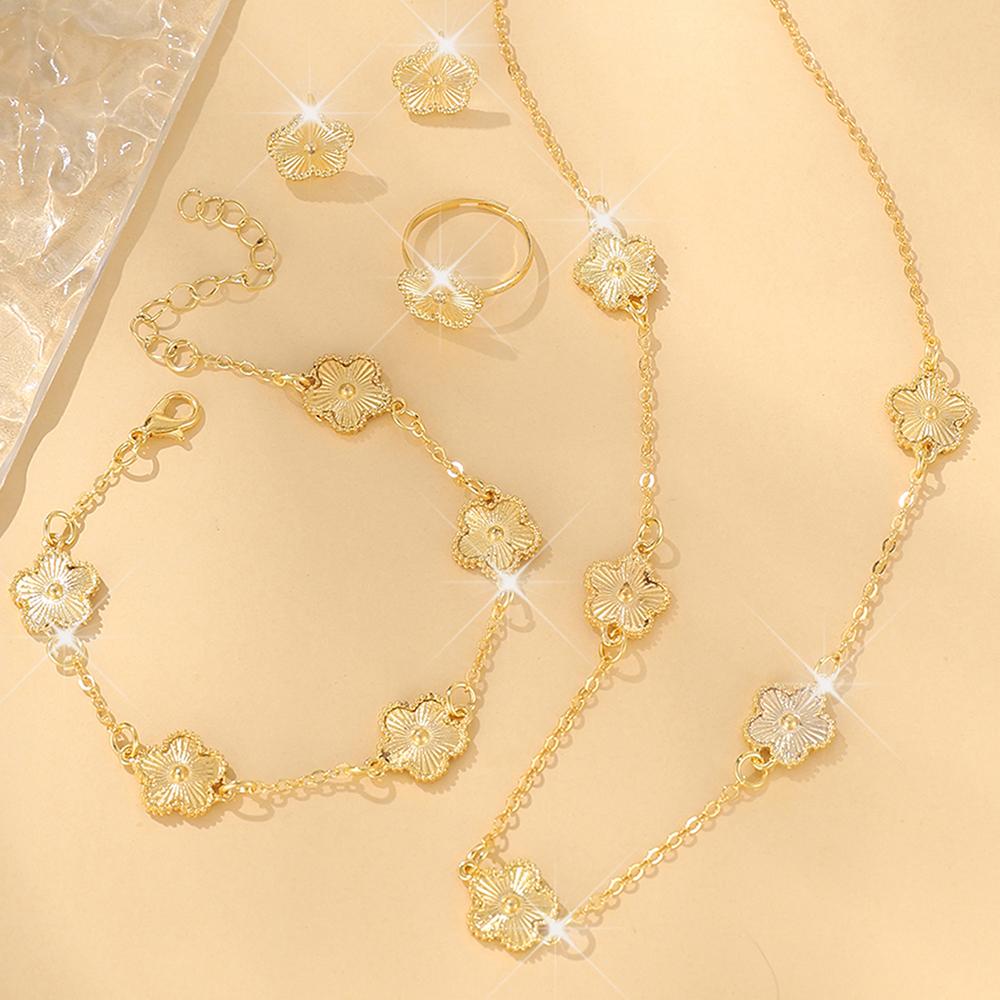 5-piece Fashionable and Elegant Gold Floral Decoration Zircon Earrings Necklace Bracelet Ring Combination