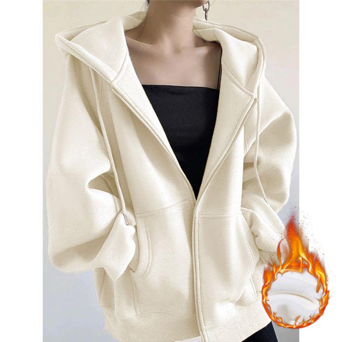 Women's Autumn/Winter Plus Velvet Zipper Cardigan Hoodie - Thick, American-Style, Loose Fit, Slimming Top