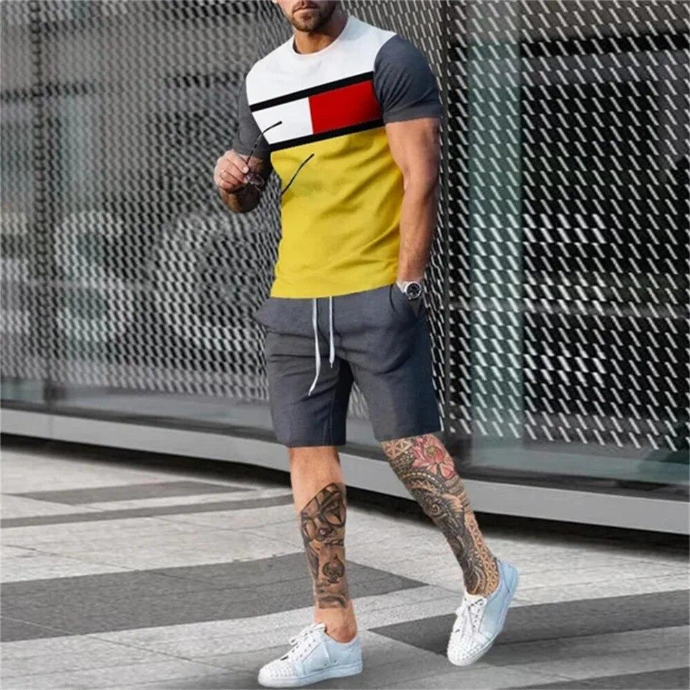 Men's Tracksuit 2 Piece Set Summer Stripe Sport Hawaiian Suit Short Sleeve T Shirt and Shorts Casual Fashion Man Clothing
