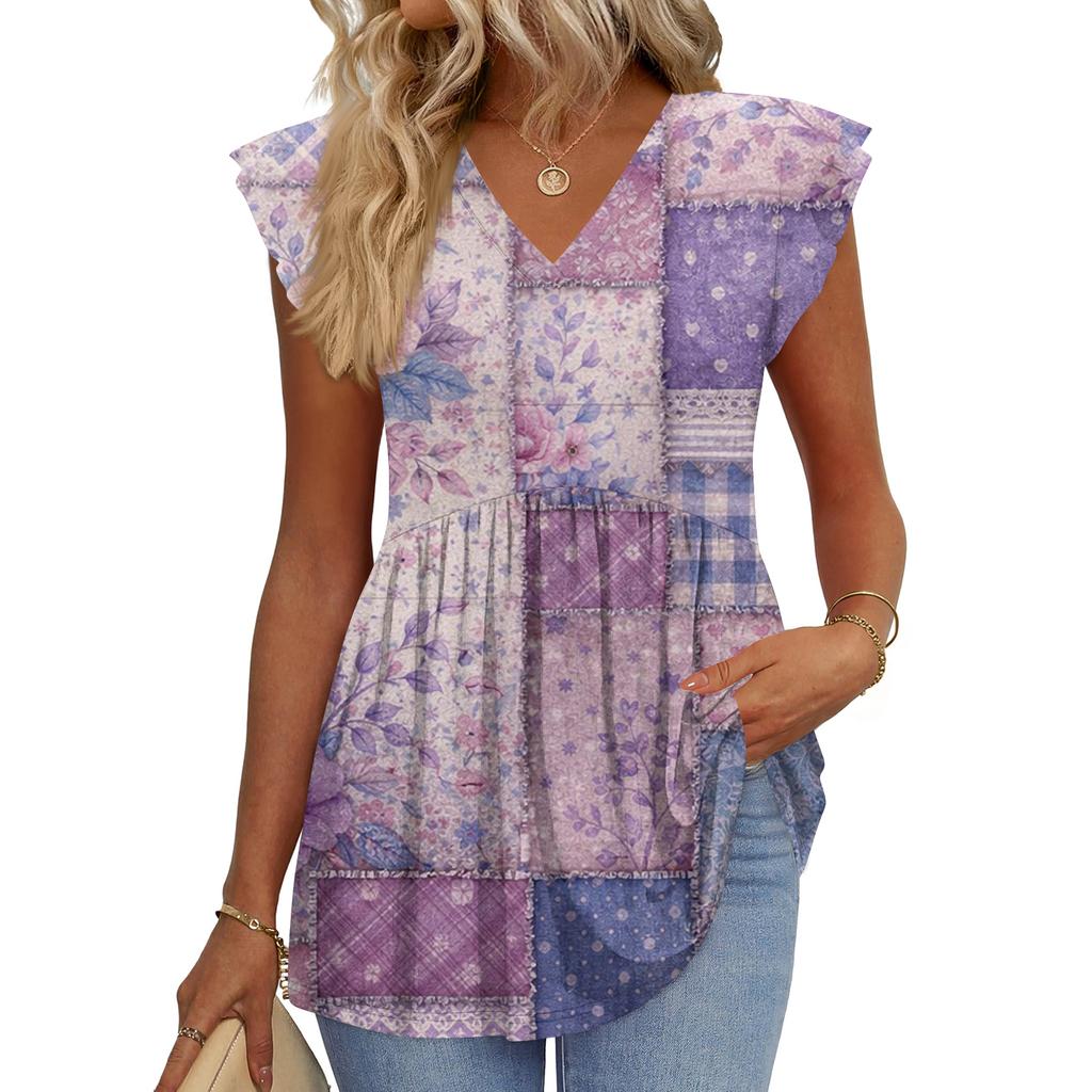 Womens Tops Fashionable V-neck Ruffled Sleeve Short-sleeved T-shirt Business Blouses