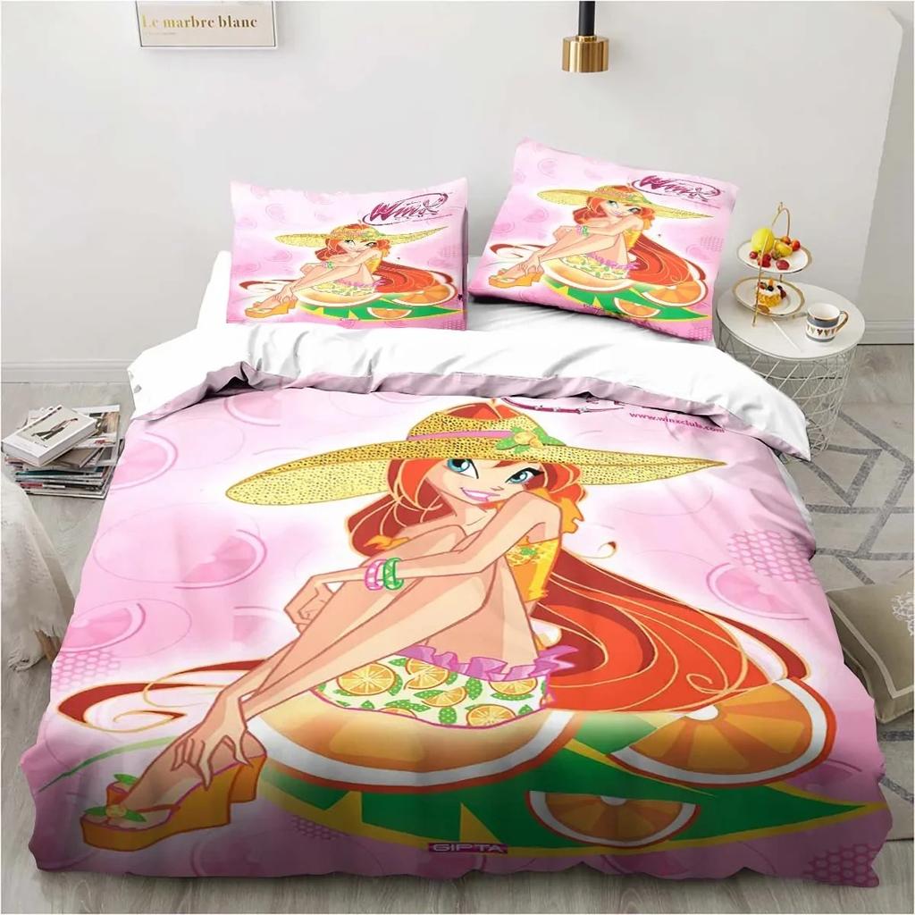 Set di biancheria da letto Kawaii Anime Winx Letto a tre pezzi Singolo Doppio King Size Set di letto per adulti e bambini Set copripiumino per bambini Regalo per bambini