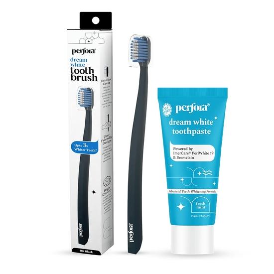 

Perfora Dream White Отбеливание зубов Мини-набор для ухода за полостью рта | Зубная паста и зубная щетка Dream White | Зубная паста без SLS и фтора - OG Black