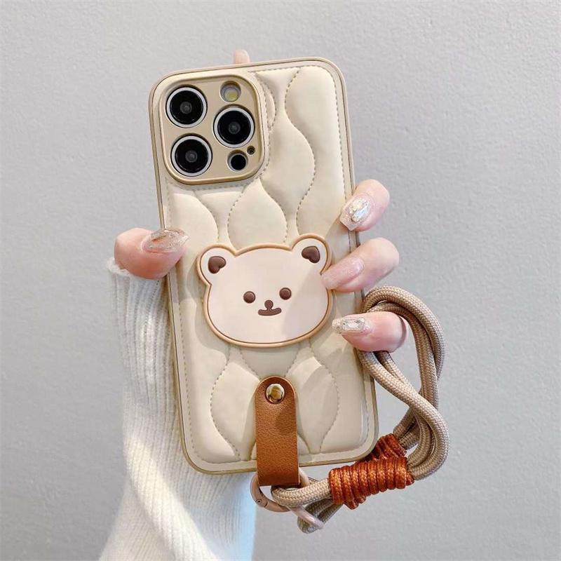 Cute Bear Wristband Lanyard Down Jacket Phone Case For iPhone 15 14 13 12 11 Pro Max Korea Soft Cover
