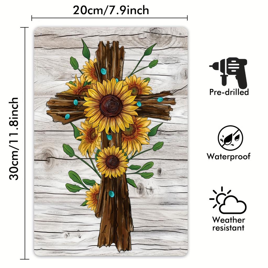 Retro SunflowerThemed Wooden Cross Metal Sign xcm Vintage Tin Wall Art for Garage Man Cave Home Decor