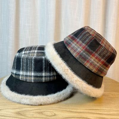 Retro Plaid Plush Fisherman Hat Children Autumn and Winter Warm Bucket Hat Basin Hat