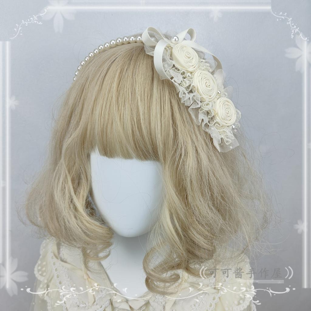Original Handmade Ribbon Rose Headband Kc Lolita Pearl Headbands Elegant and Simple Versatile Hair Accessories for Women