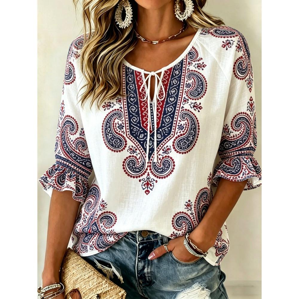Women's White Floral Embroidery Tie Neck Blouse, Casual Loose Tops for Spring Summer Daily Wear & Vacation Occasions