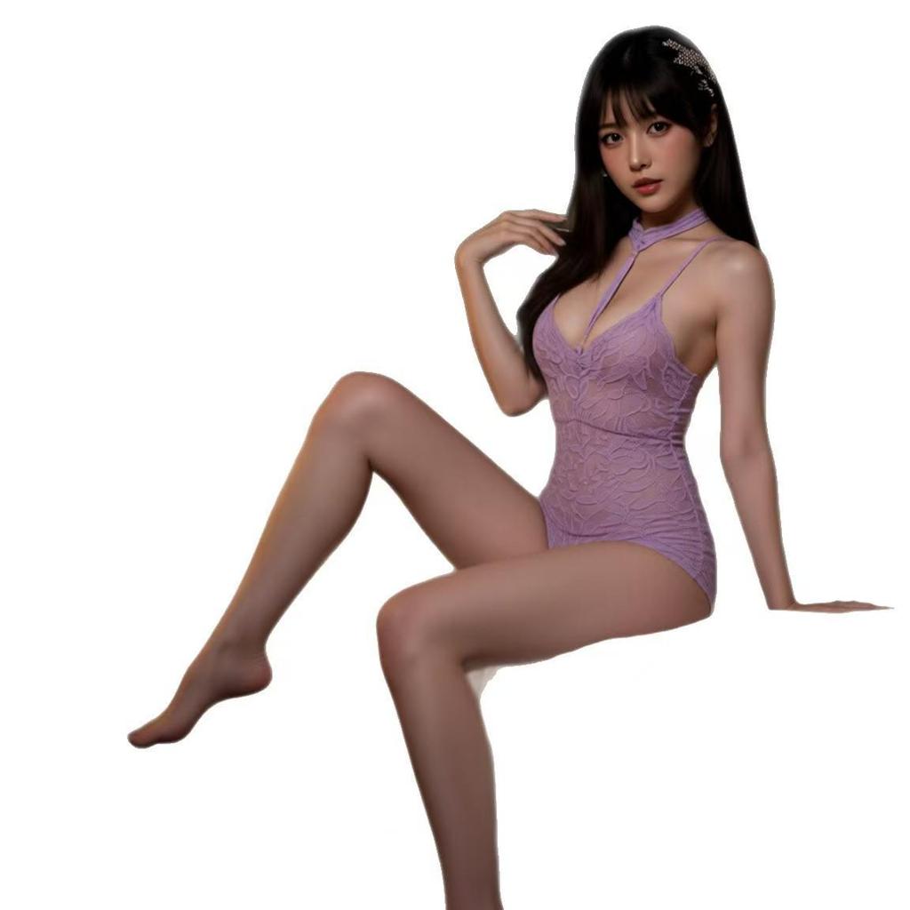 Seductive European Lace Halter Bodysuit - See-Through Sleepwear for Women