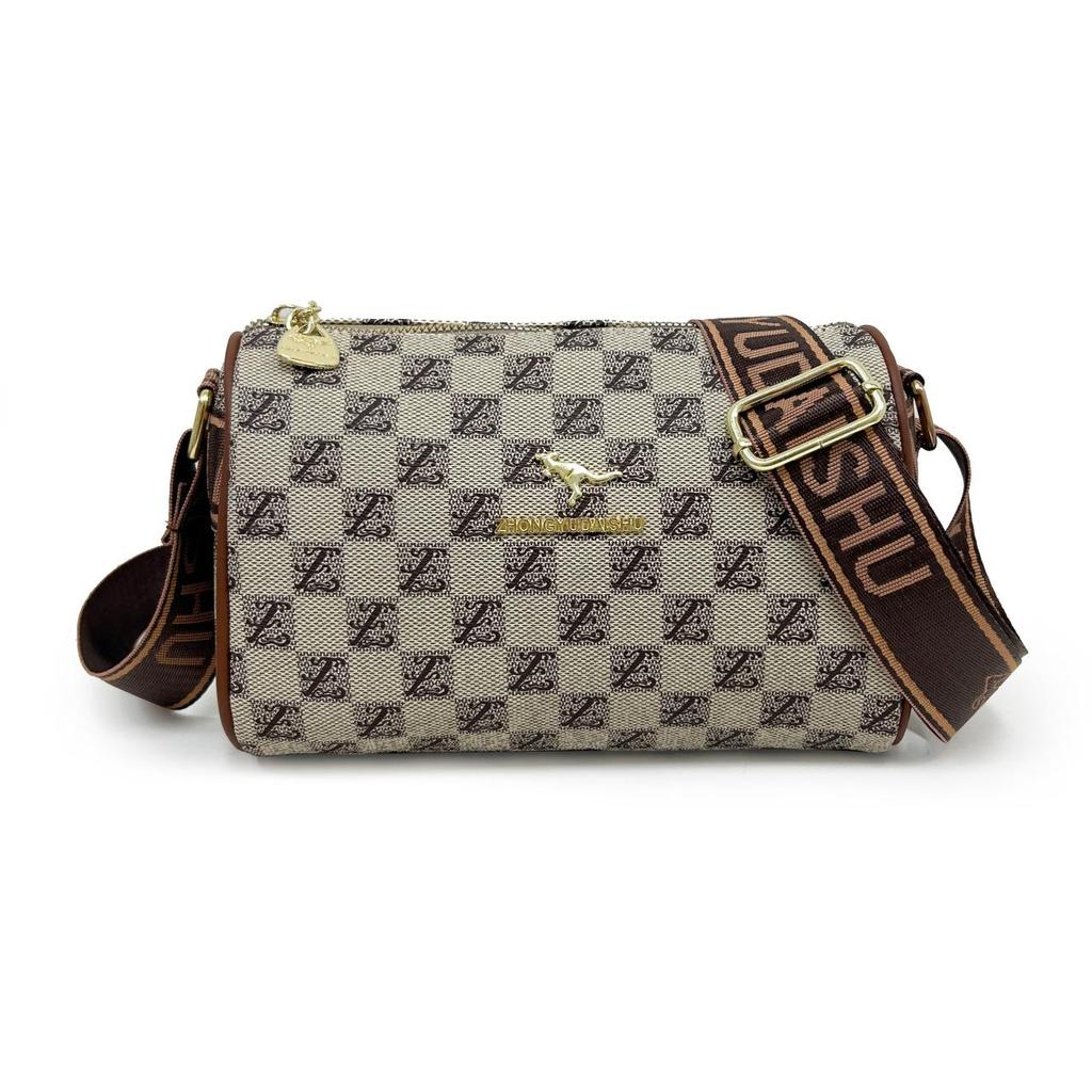 2024 Textured Retro Plaid Women's Bag with Wide Shoulder Strap