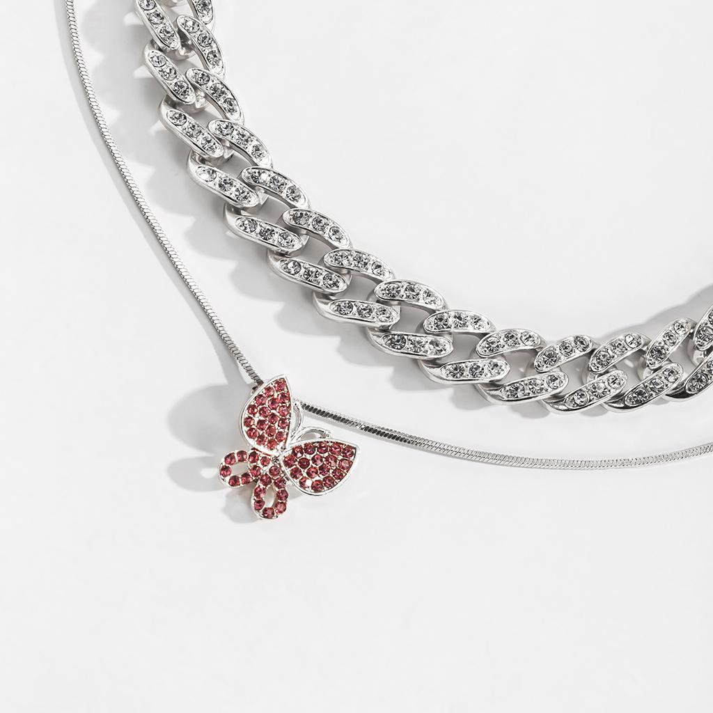 Accessoires, Einfache Diamantbesetzte Schmetterlings-Anhänger Halskette, Temperament Voller Diamanten Cubanische Kette Verstellbarer Artikel Schmuck