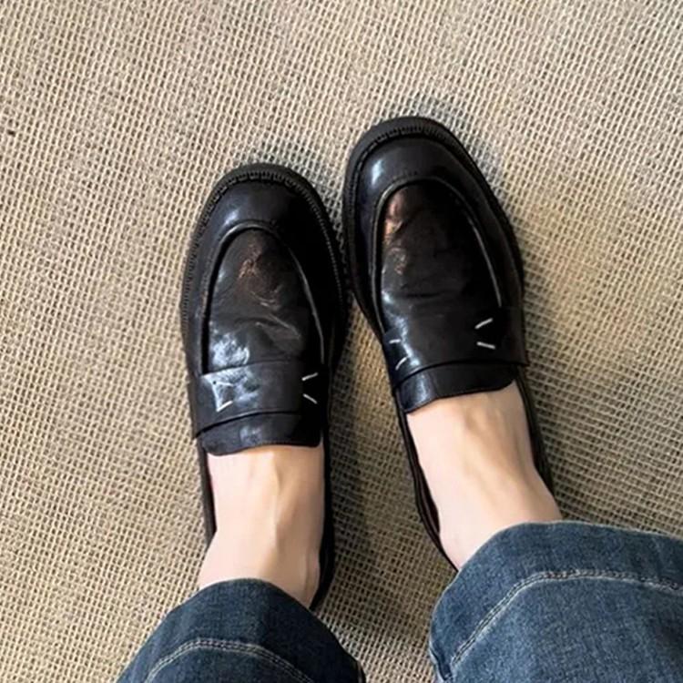 Sheepskin version~ retro leather round head thick heel one-pedal loafers women's British commuting versatile single shoes small leather shoes