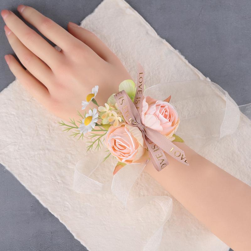 

Elegant Champagne Pink Wedding Corsage & Boutonniere Set for Bride, Groom, and Bridesmaids