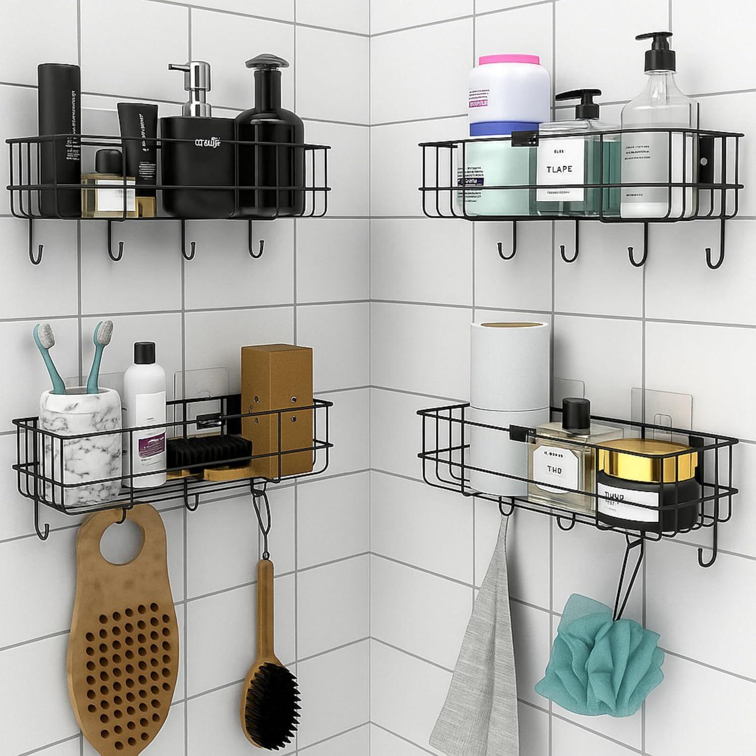 

4 шт. Полка для ванной из нержавеющей стали для стены | Самоклеящийся органайзер для ванной | 4 крючка для держателя полотенец | Компактная настенная полка для ванной