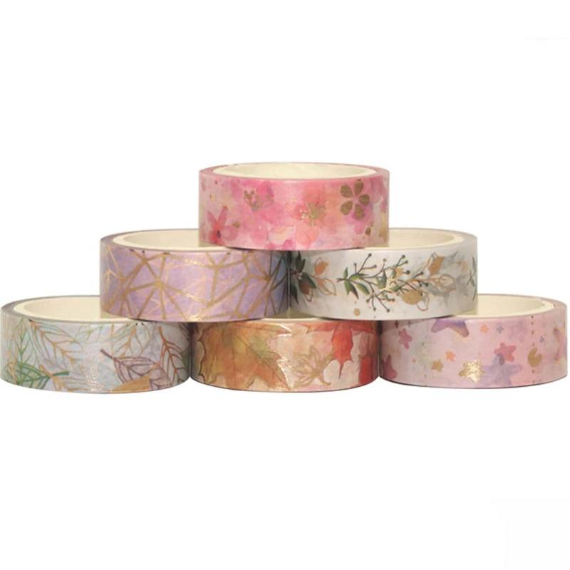 6 Rolls of Flower Bronzing Pattern Washi Tape Beautiful Washi Tape for Scrapbooking Study Stationery Decoration Learning Supplies