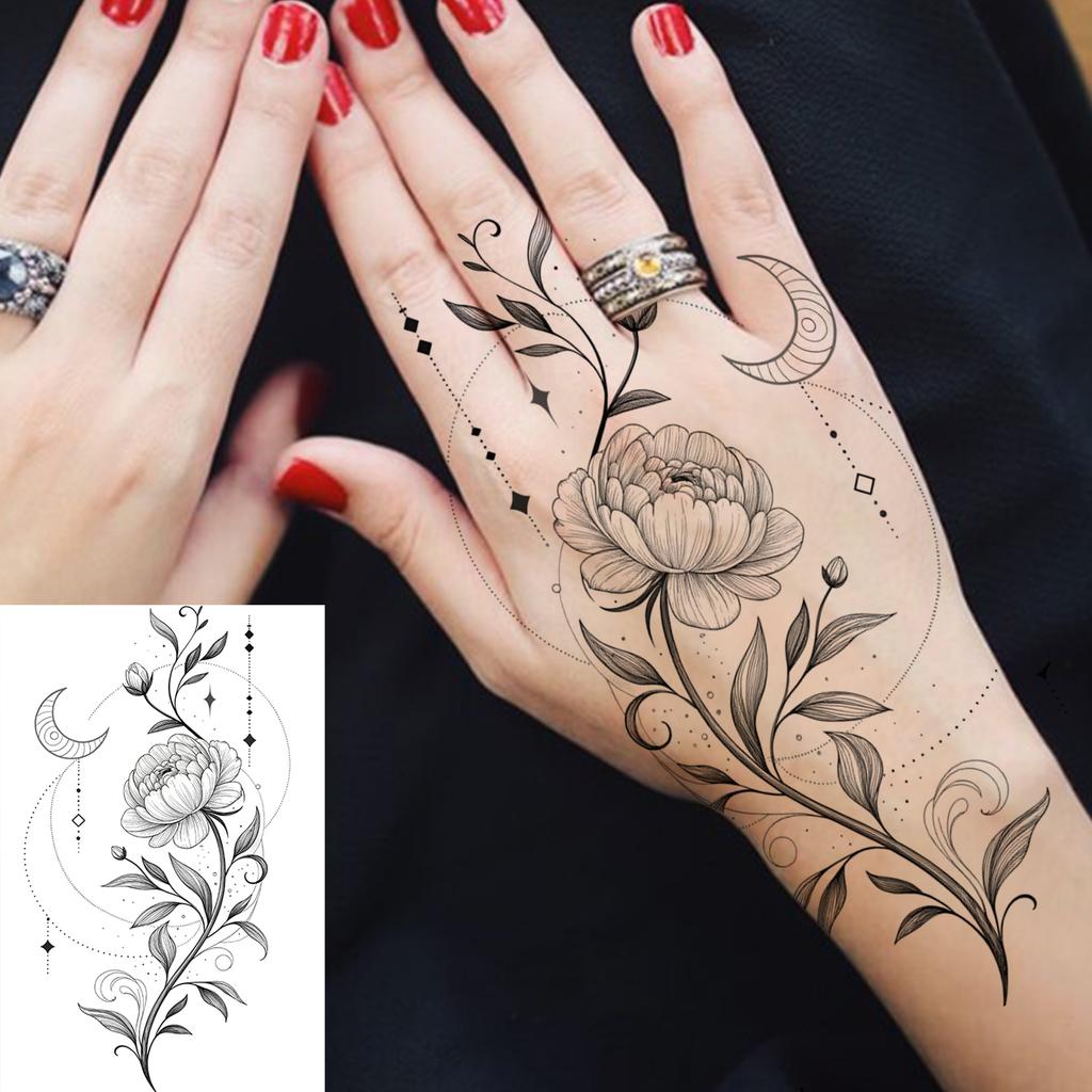 1 Vel Feniks Zonnebloem Maanbloem Tijdelijke Tatoeages Voor Vrouwen Handen, Nep Tatoeage Stickers Langdurig Realistische Tatoeages