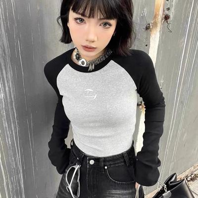 2KWEIRD Grunge Patchwork Crop Top Vintage Geripptes Langarm-T-Shirt Koreanische Mode Sexy Slim T-Shirt 90er Streetwear Japanisch