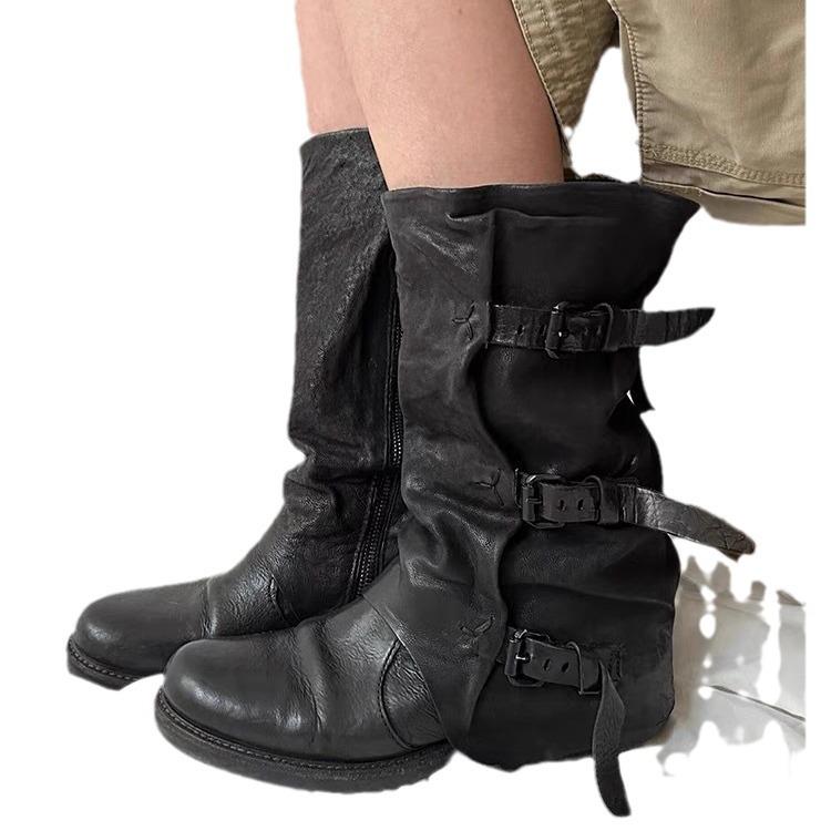 Cowhide version~ genuine leather wasteland wind belt buckle pile boots women's old retro western cowboy boots medium boots