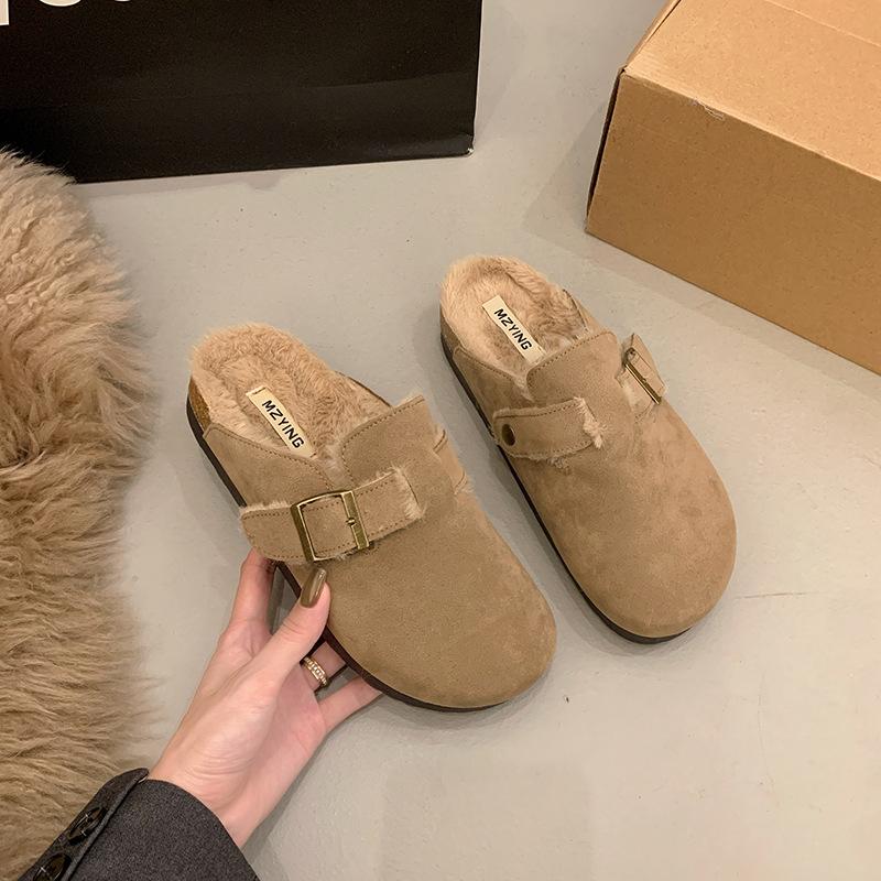 Plush women s fluffy slippers warm bag head half slippers wear winter new Doudou shoes large size 41 хаки