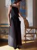 2024 Summer European & American Square Neck Tie Waist Solid Color Pocket Dress