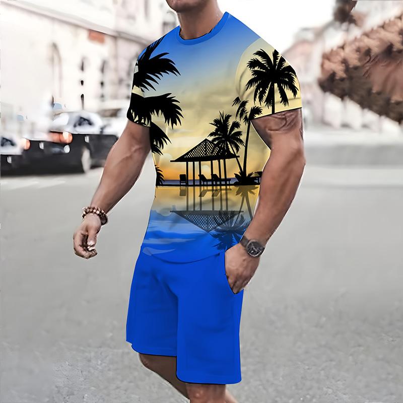 Stylish Men's Casual Suit Summer Breathable And Refreshing Suit Beach Style Printed 3D Coconut Oversized Men's Loose Top