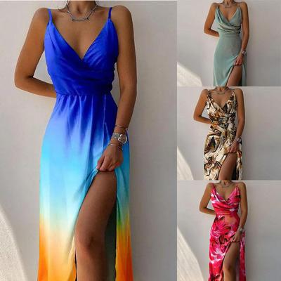Verão Novo Sexy Suspensório Sem Costas Grafite Estampa Sem Mangas Até o Chão Vestido Sólido Feminino Férias Litorâneas Vestido Longo