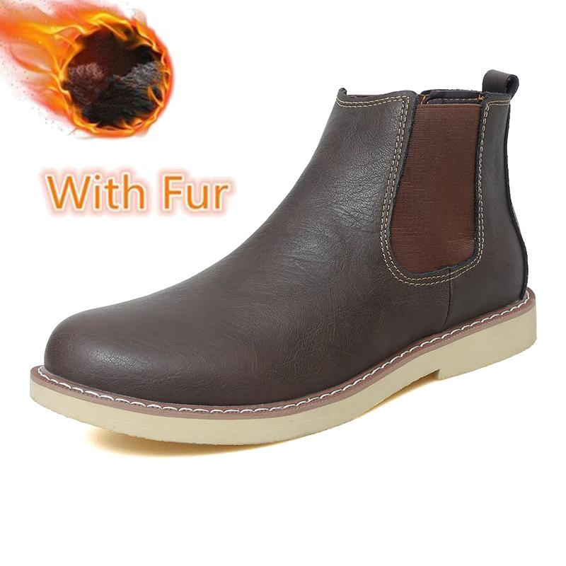 Warmes Plüschfell Winter Herren Chelsea Boots Neue Mode Bequeme Mann Stiefeletten Echtes Leder Gummiband Business Casual Schuhe
