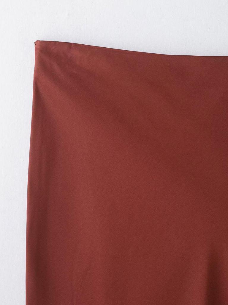 2025 Autumn European Style Women's Color Block Satin Skirt with Lace Trim