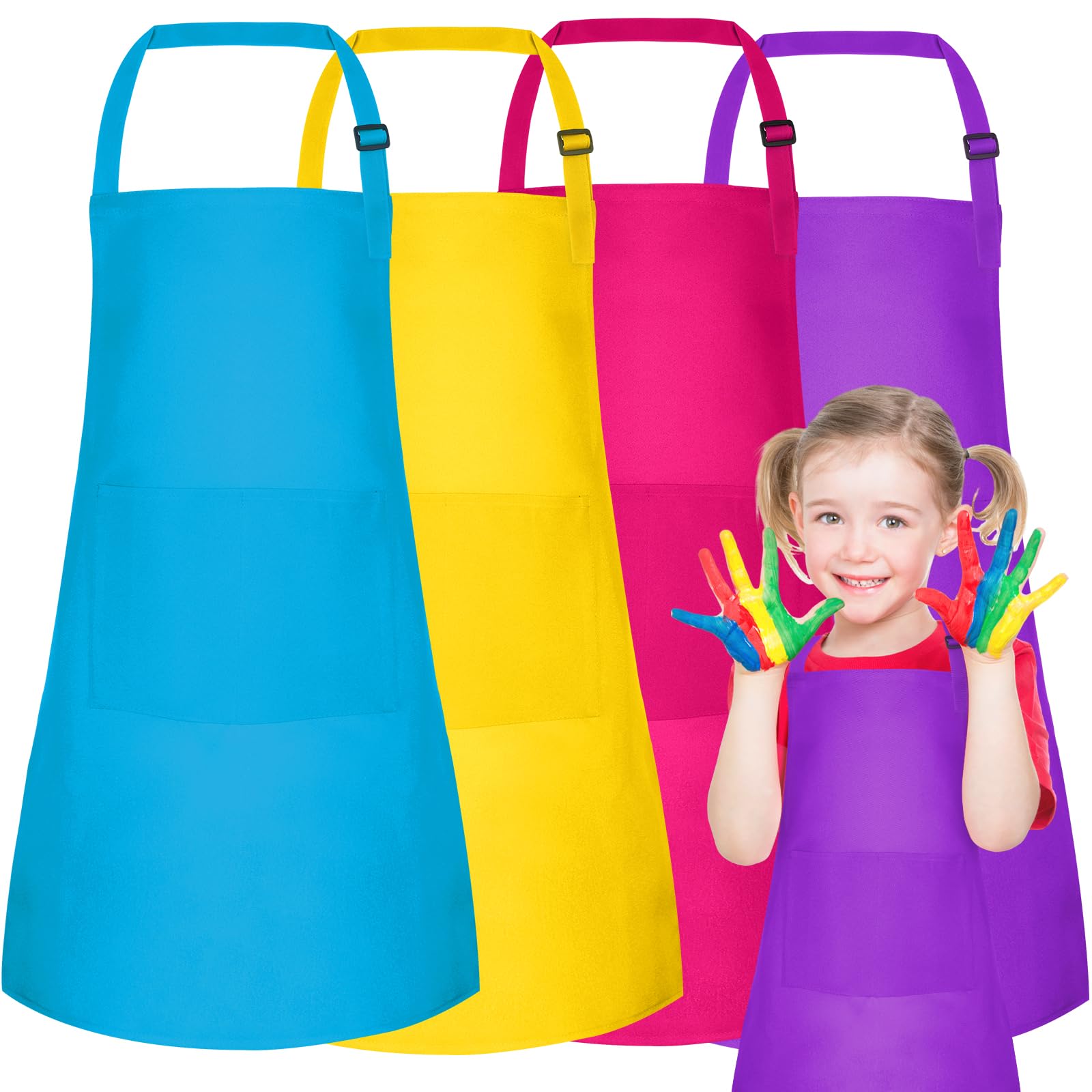 PLULON 4 Pcs Kids Aprons with 2 Pockets Painting Aprons for Kids Aprons Bulk, Paint Apron Adjustable Children Chef Aprons for Girls Boys Painting 4