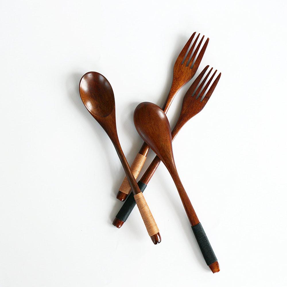 2PC Western Tableware Wood Fork Spoon Dessert Fruit Serving Children Food Utensi