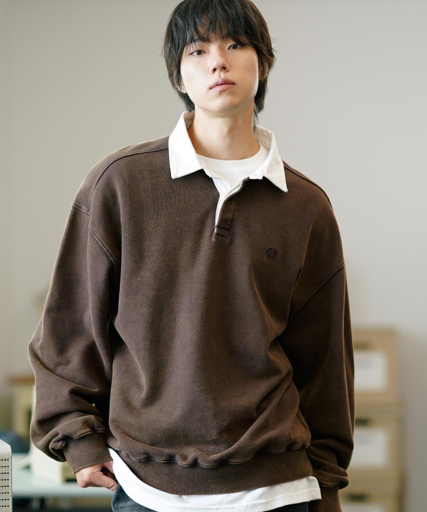 JEMUT Dustin Heavy Salt-Washed Collared Sweatshirt Brown Somt2577