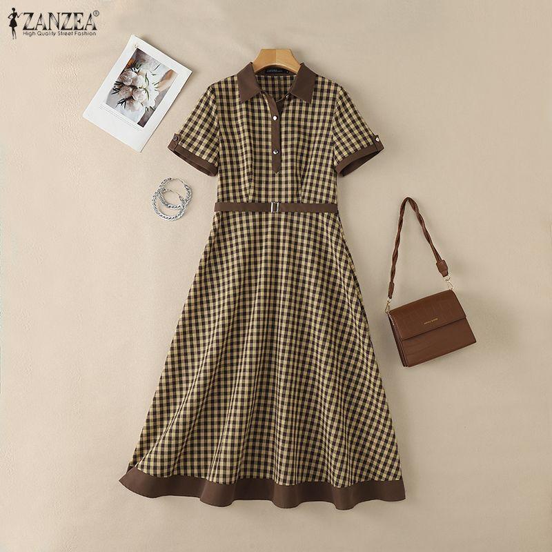 ZANZEA Damen Freizeit Langkleid mit Umlegekragen und Karomuster, Kurzarm