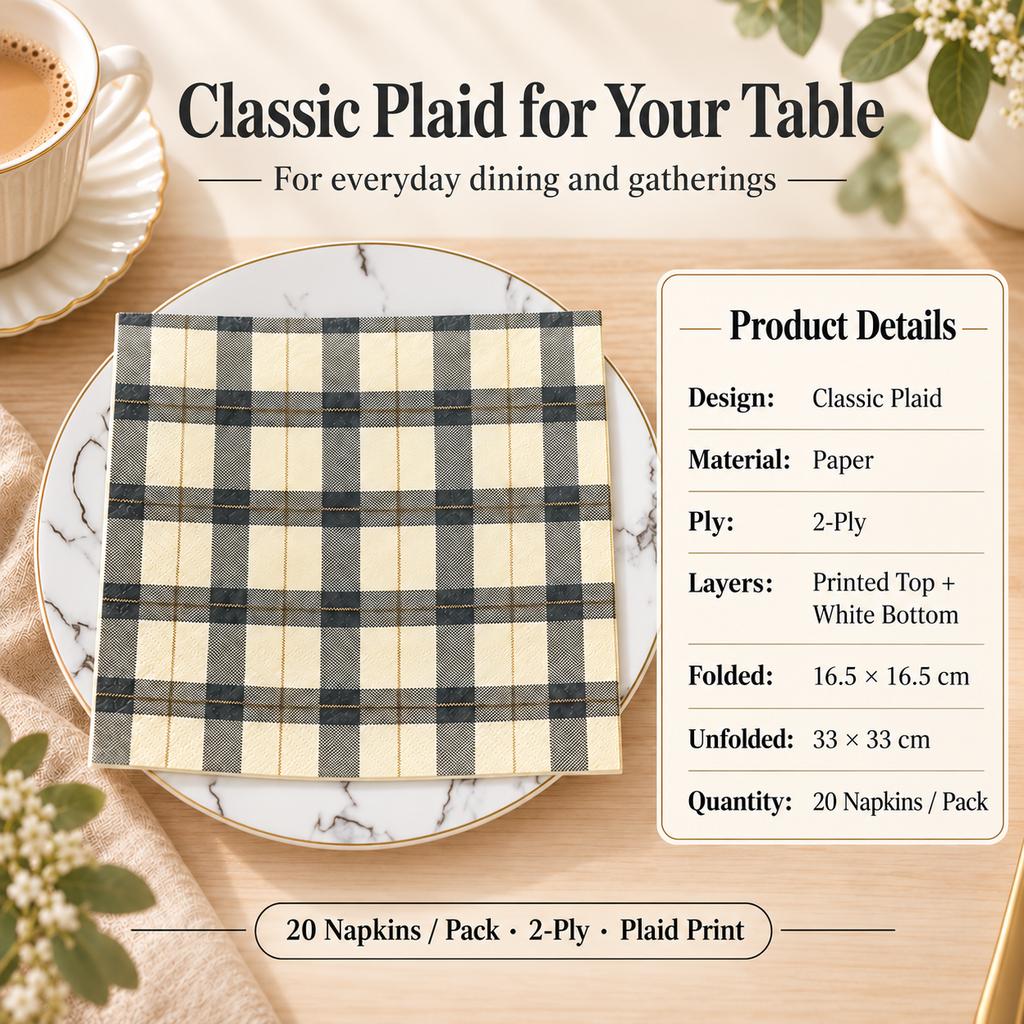 20pcs Plaid Paper Napkins 2-Ply 33x33cm