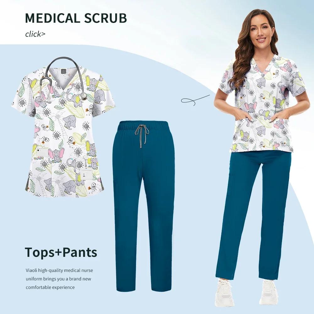 Printed Scrub Uniform Set V Neck Short Sleeves Pockets Top Medical Soft Scrub Pants Sets Nurse Surgical Uniforms Woman