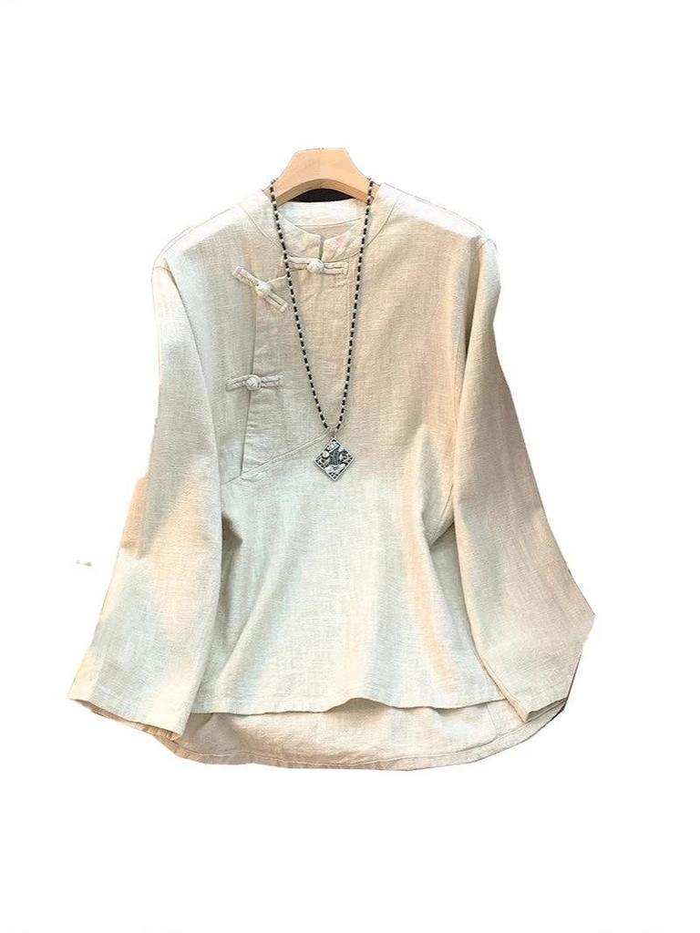 T-shirt da Donna Retro in Cotone e Lino con Bottoni a Rana e Collo Alto - Manica Lunga Estiva, Vestibilità Ampia Modellante, Taglie Forti.