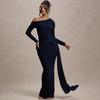 European and American Sloping Collar Long Sleeved Fashionable Temperament Solid Color Pleated High Waisted Long Dress