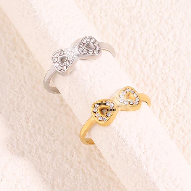 Elegant Diamond Inlaid Titanium Bow Ring for Women – Non-fading, High-End Luxury Jewelry