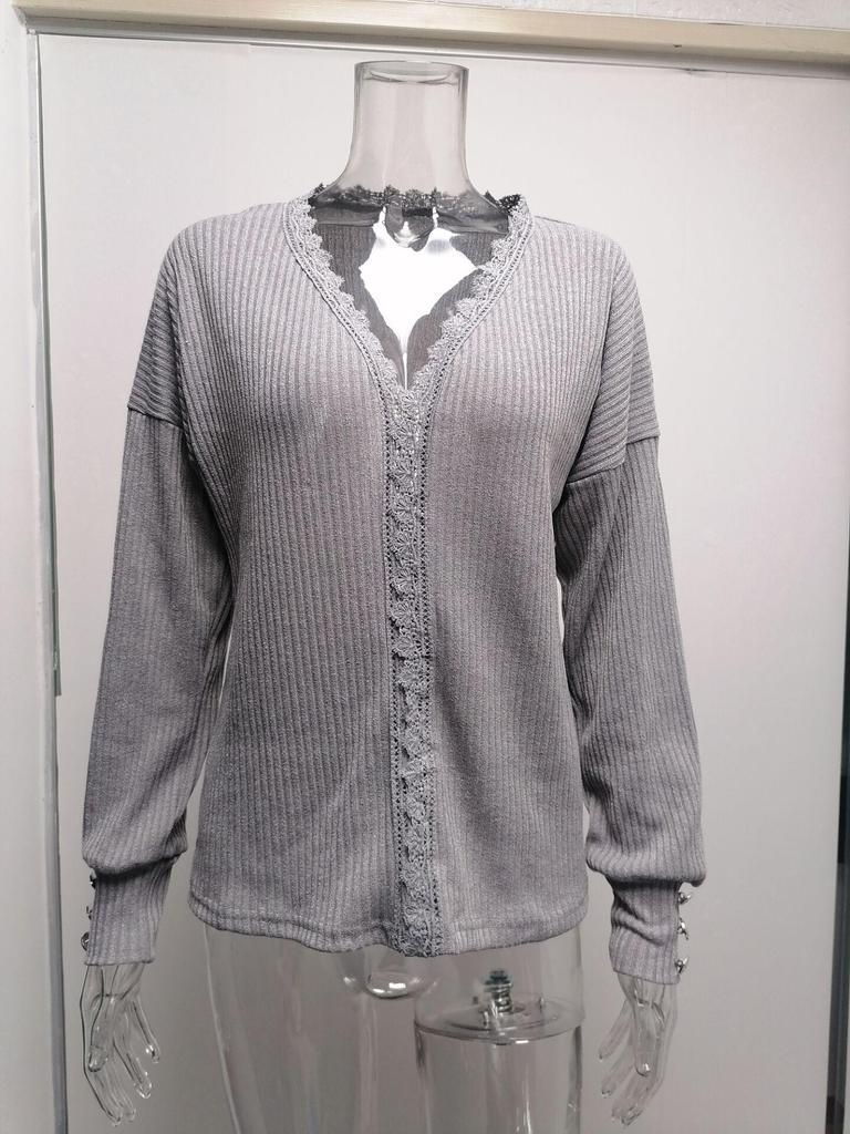 2025 Elegant V-Neck Lace Pullover Sweater - Women’s Autumn/Winter Long Sleeve Knitwear