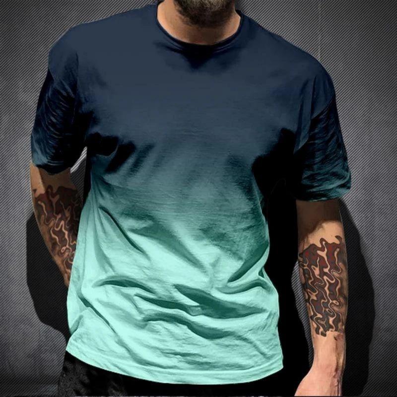 Summer New Men's Fashion Gradient Printed Pattern Breathable Round Neck T-shirt Outdoor Casual Top