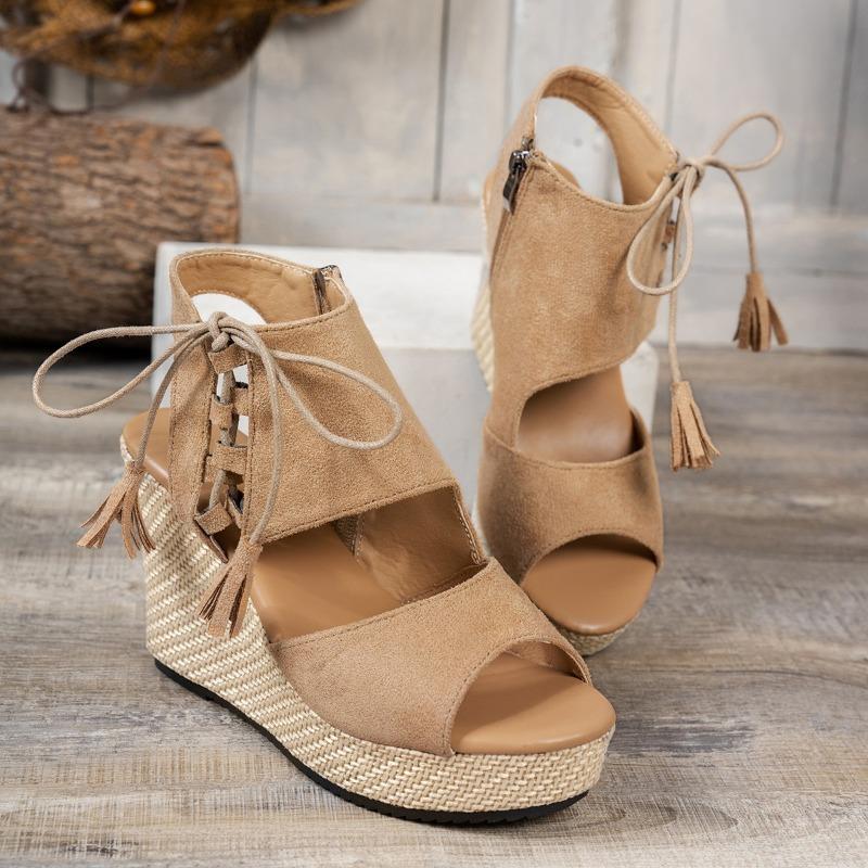 New Sandals Summer New Round Head Open Toe Suede Side Zipper Butterfly Knot Ribbon Waterproof Platform High Heels