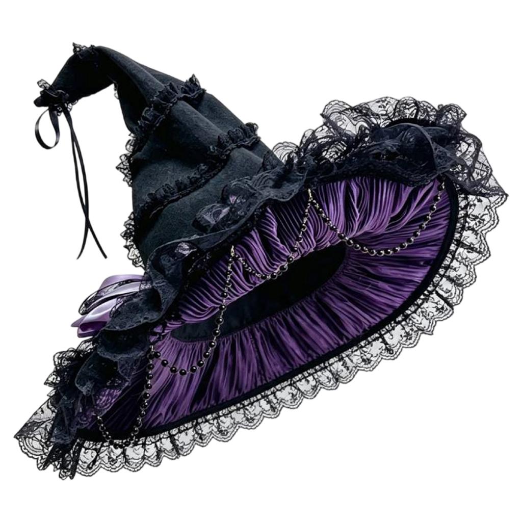 Lace Witch Hat Wide Brim Pointed Top Bow Gothic Costume Halloween Hat for Women Cosplay Party Dress Up