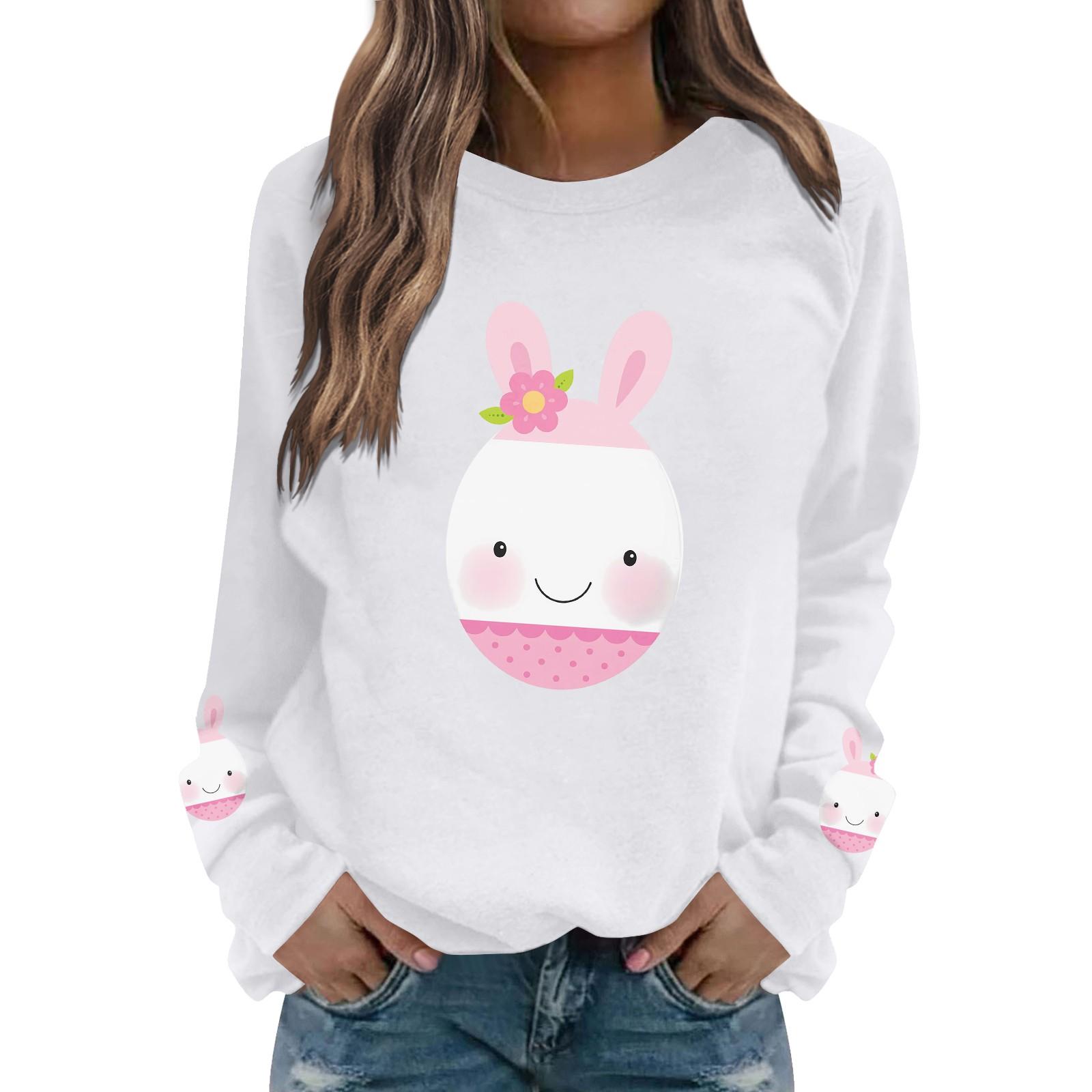 

Женская мода повседневная толстовка с длинным рукавом и круглым вырезом с принтом пасхального кролика XXXL белый