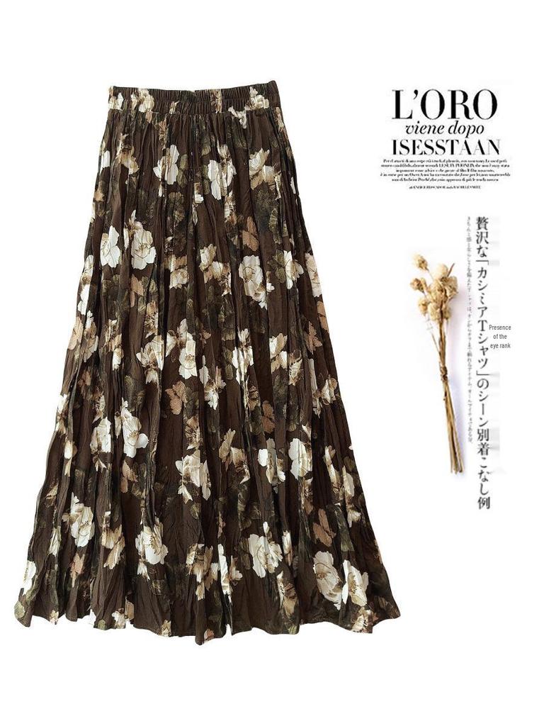 Camellia Retro 2024 Summer Pleated Skirt: Hong Kong Style, Hip-Slimming, Wide Hem Casual Print Design