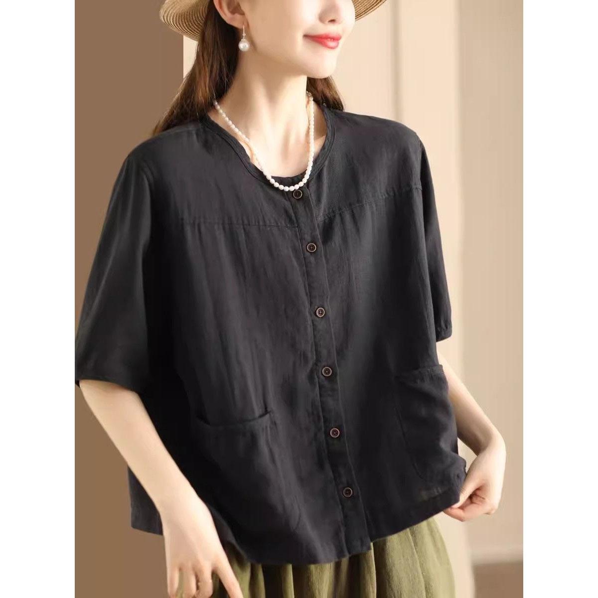 

Винтажный художественный хлопковый льняной кардиган, летний, с карманами, женский, повседневный, в этническом стиле, с короткими рукавами, элегантный XXXL чёрный